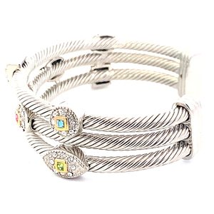 Three Layered Multicolored Bezel-Set Rhinestone base Metal Cuff Bracelet.
