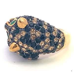 Rhinestone Big Cat With Green Eyes Yellow Base Metal Statement Ring. Size 10 - 10.25.