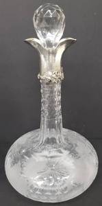lot 65 image: Pair of Vintage Silver Neck Wine Cut & Etched Grape Motif Crystal Decanters
