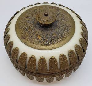 lot 56 image: Lovely Vintage Porcelain Elfinware Covered Bowl with Brass Accents