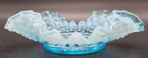 lot 32 image: Fenton Blue Opalescent Hobnail Scalloped Edge Candy Dish