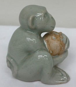 lot 230 image: Cute Small Thai Celadon Green Glazed Ceramic Sitting Chimp Figurine