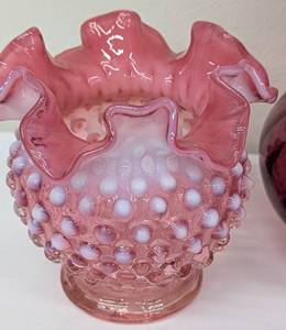 lot 203 image: Vintage Fenton Cranberry Opalescent Hobnail Rosebud Vase, Fenton Cranberry Ribbed Ruffled Vase and Fenton Ruffled Top Beaded Optic Melon Vase