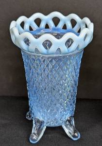 lot 195 image: Pair of Small Vintage Fenton Diamond Point Opalescent Footed Glass Vases