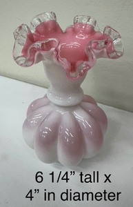 lot 180A image: Vintage Brides Basket Bowl, Milk Glass and Pink Ruffles Vase AND White Milk Glass Ruffed Vase