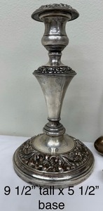 lot 243 image: Lovely Silver Plate Weighted Candle Holder and Four Lovely Assorted Spoons