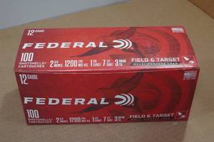 lot 188 image: 100 Federal Field & Target 12 Gauge 2-34 7-12 Shot Shotshells