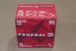 lot 225 image: 25 Federal Field & Target 20 Gauge 2-34 7-12 Shot Shotshells
