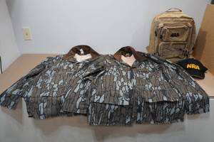 lot 78 image: 2 Camo Jackets with NRA Hat and Backpack