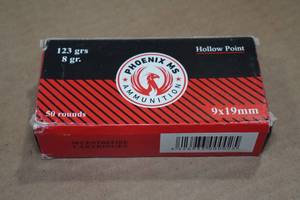 lot 140 image: 50 Phoenix MS 9mm Luger 123 Gr HP Ammo