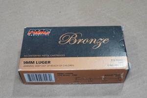lot 143 image: 50 PMC Bronze 9mm Luger 115 Gr FMJ Ammo