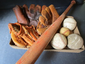 lot 44 image: Baseball Gloves, Balls, Bat