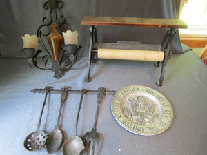 lot 70 image: Cast Utensils, Wall Candle, Paper Roller, Pewter Plate