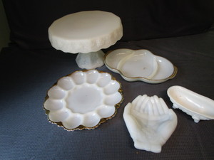 lot 165 image: Cake Stand,  Egg Plate, Relish, Soap Holders