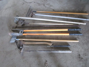 lot 229 image: Post Hole Digger, Cement & Garden Hoes, Steel Rake