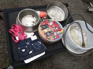lot 261 image: Raised Pet Bed, Heated Water Dish, Outfit, Tin, Leash
