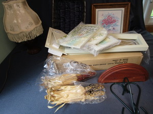 lot 315 image: Wooden Plant Stand - HI Unassembled, Print, Basket, Lamp