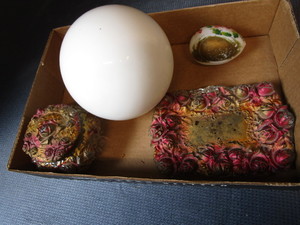 lot 319 image: Antique Glass Goofus Covered Dish & Tray, Easter Egg, Two Light Shades