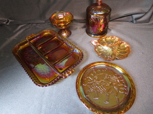 lot 320 image: Carnival Glass Humidor, Relish, Candle Holder, Candy Dish