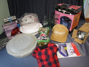 lot 327 image: Picnic Food Covers, Heater, Duzzit Kit, Hats, Tin, Fan