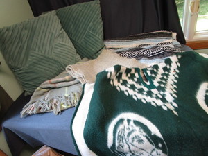 lot 332 image: Poncho, Shawls, Pillows, Woven Blanket