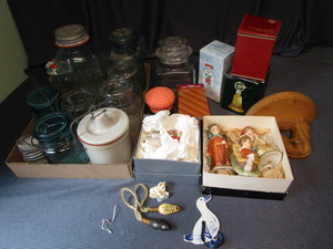 lot 339 image: Avon, Canning Jars With Blue, Cheese Crock, Nativity Ceramic Figures