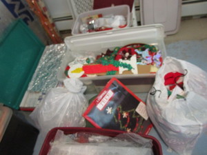 lot 390 image: Christmas Decorations, Four Totes, Tree Stand