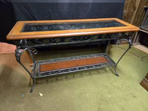 lot 3 image: Iron and Wood Console Table with Glass Top and Leaf Motif Design