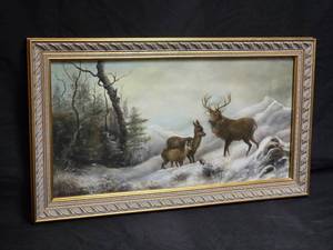 lot 9 image: Framed Wildlife Print of Deer in a Snowy Forest Landscape 16 12 x 28
