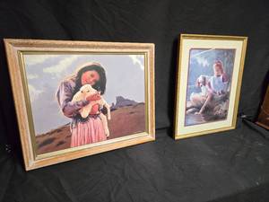 lot 10 image: Pair of Framed Prints Girl with Lamb by George Molnar and Girl with Dog by the Stream by Mark Arens - Charming and Serene Artwork for Any Room