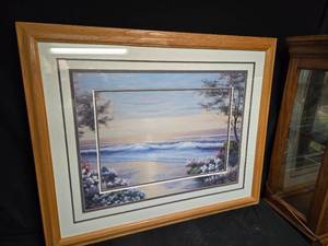 lot 11 image: Framed Coastal Scene Print of a Sunset Beach with Waves and Flowers 36 14 x 44 18