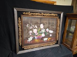 lot 12 image: Ornate Framed Floral Still Life Painting with Gold Gilded Accents 37 34 x 45 14