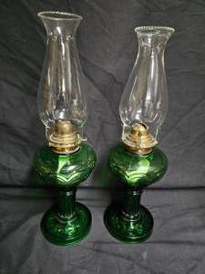 lot 15 image: Vintage Green Glass Oil Lamps with Chimneys - One Burner is Marked Queen Anne