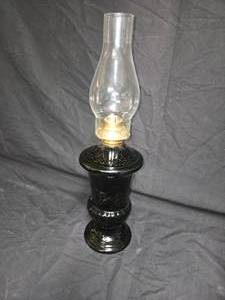 lot 16 image: Antique Ceramic or Glass Oil Lamp with Banner Burner