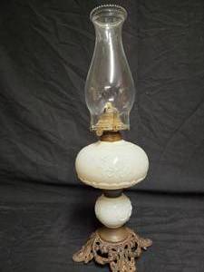 lot 18 image: Antique Victorian Oil Lamp with Frosted Glass and Ornate Metal Base, Queen Anne Burner