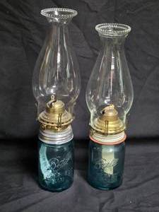 lot 22 image: Pair of Vintage Ball Mason Jar Oil Lamps with Queen Anne No. 2 Burners