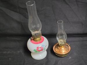 lot 25 image: Vintage Oil Lamps - One is Hand-Painted Floral & Brass Base