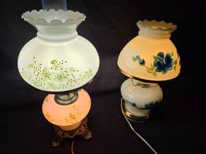 lot 28 image: Pair of Hand-Painted Hurricane Lamps with Floral Designs