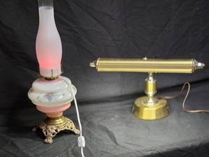 lot 29 image: Vintage Milk Glass and Brass Oil Lamp with Ornate Base and Brass Desk Lamp
