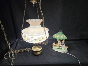 lot 31 image: Vintage Hanging Lamp with Floral Design & Porcelain Figurine Lamp