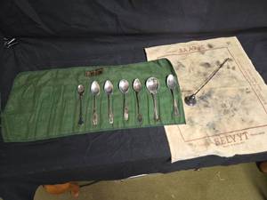 lot 33 image: Antique Sterling Silver Spoon Collection with T.H. Marthinsen Spoon Roll