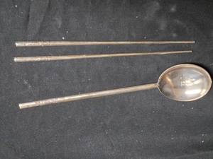 lot 36 image: Antique Chinese Silver Serving Spoon and Chopsticks Set with Character Markings