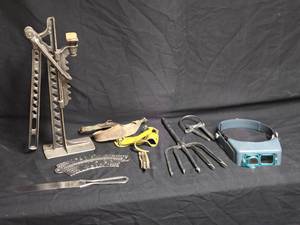 lot 41 image: Antique Jack, Fishing Spear and Other Sand Blasted Vintage Metal Items - Visor Magnifying Glass Too