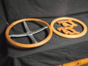 lot 42 image: Vintage Wooden Steering Wheels and Saw Handles Lot