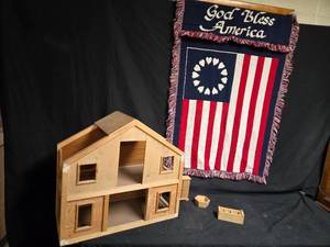 lot 65 image: Handcrafted Wooden Dollhouse and Patriotic Tapestry