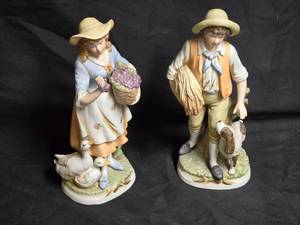 lot 83 image: Homco Hand-Painted Porcelain Figurines - Boy with Dog and Girl with Basket, Marked 8805