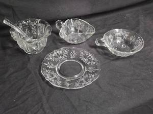 lot 105 image: Etched Glass Serving Set - Punch Bowl, Cups, and Platters