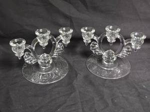 lot 106 image: Clear Glass Triple Candelabras with Etched Leaf Design
