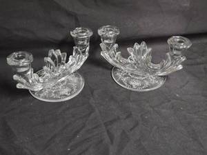 lot 107 image: Vintage Etched Glass Dual Candle Holders - Elegant Floral Design