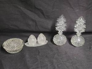 lot 112 image: Fenton Hobnail Clear Glass Vanity Set - 6 Pieces Including Perfume Bottles and Possibly Inkwells